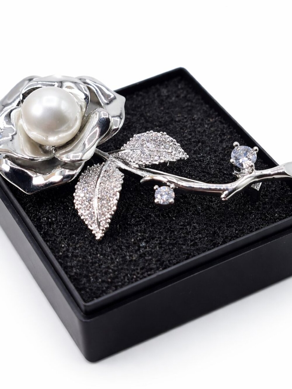 Vintage Silver Tone Large Pearl Clear Glass Crystal Flower Brooch Pin Rhinestone - Picture 3 of 8